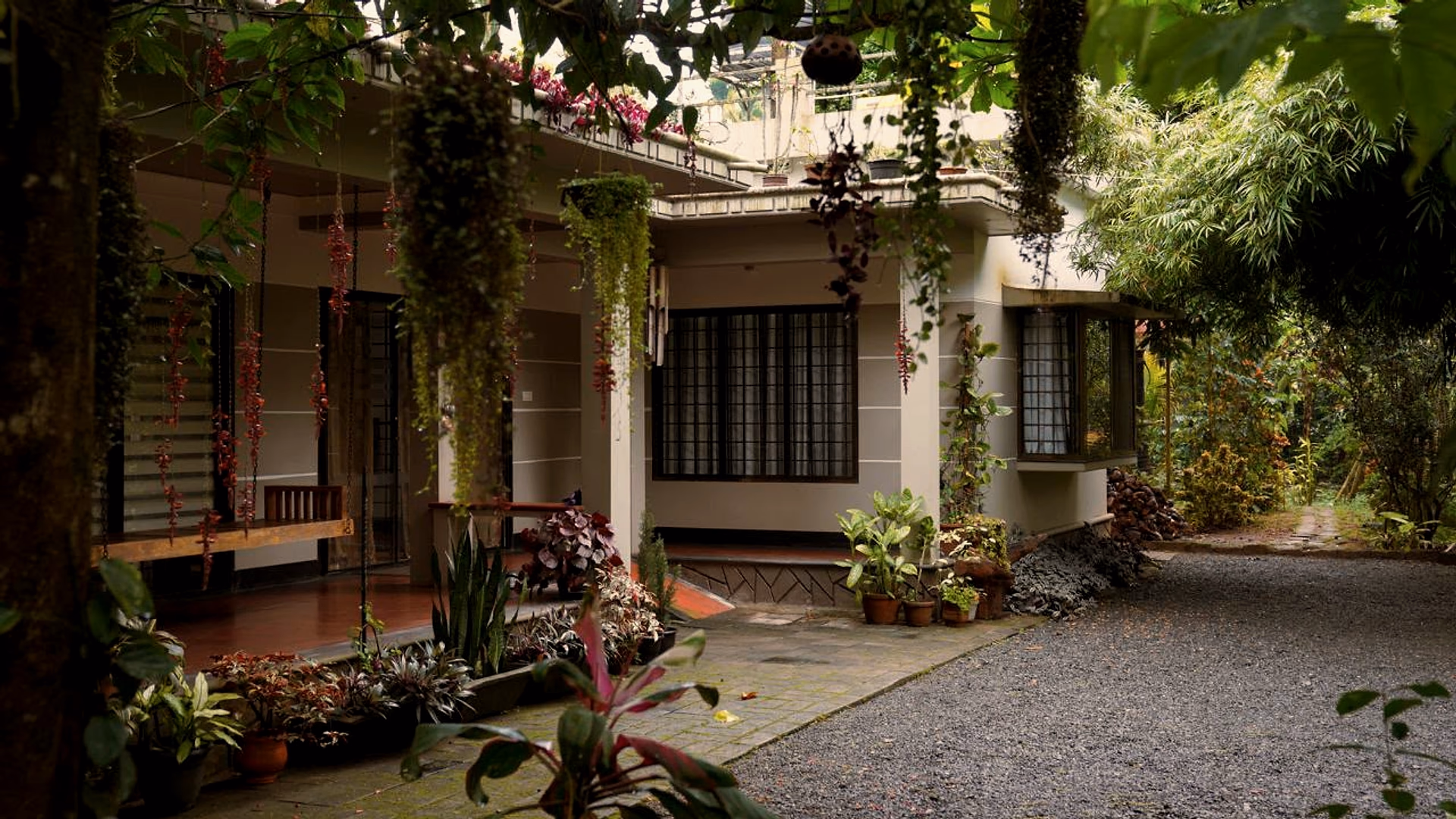 The Riverside Villa veranda hung with ferns, and the Attics raised among coffee and forest trees, at Kabani Riverside, Wayanad